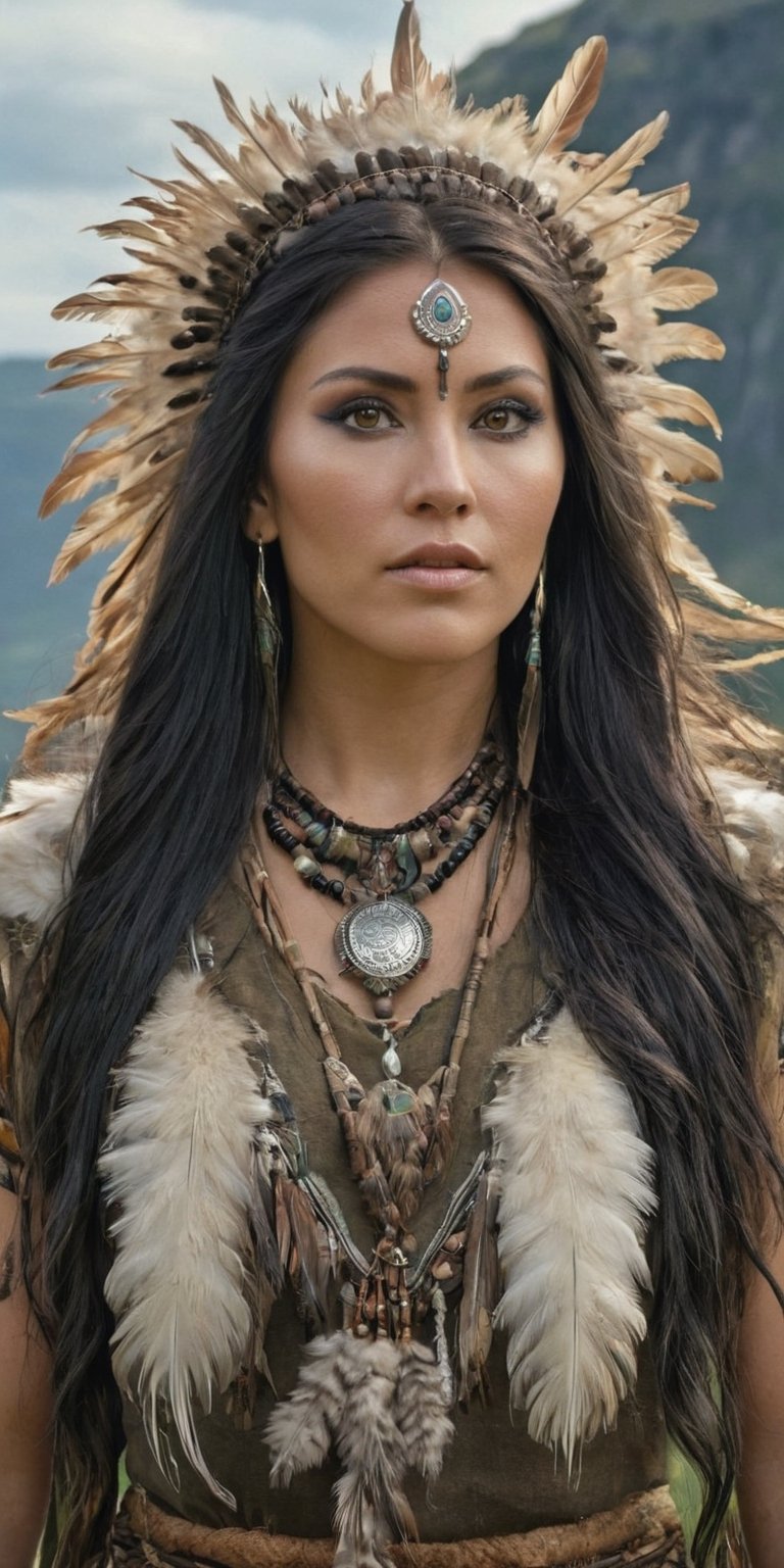 Generate hyper realistic image of a Nordic shaman dressed in earthy tones, her long, ebony hair adorned with feathers. With deep forest-green eyes, she stands atop a mountain, communing with nature and invoking the spirits of the ancient land. upper body shot,Extremely Realistic