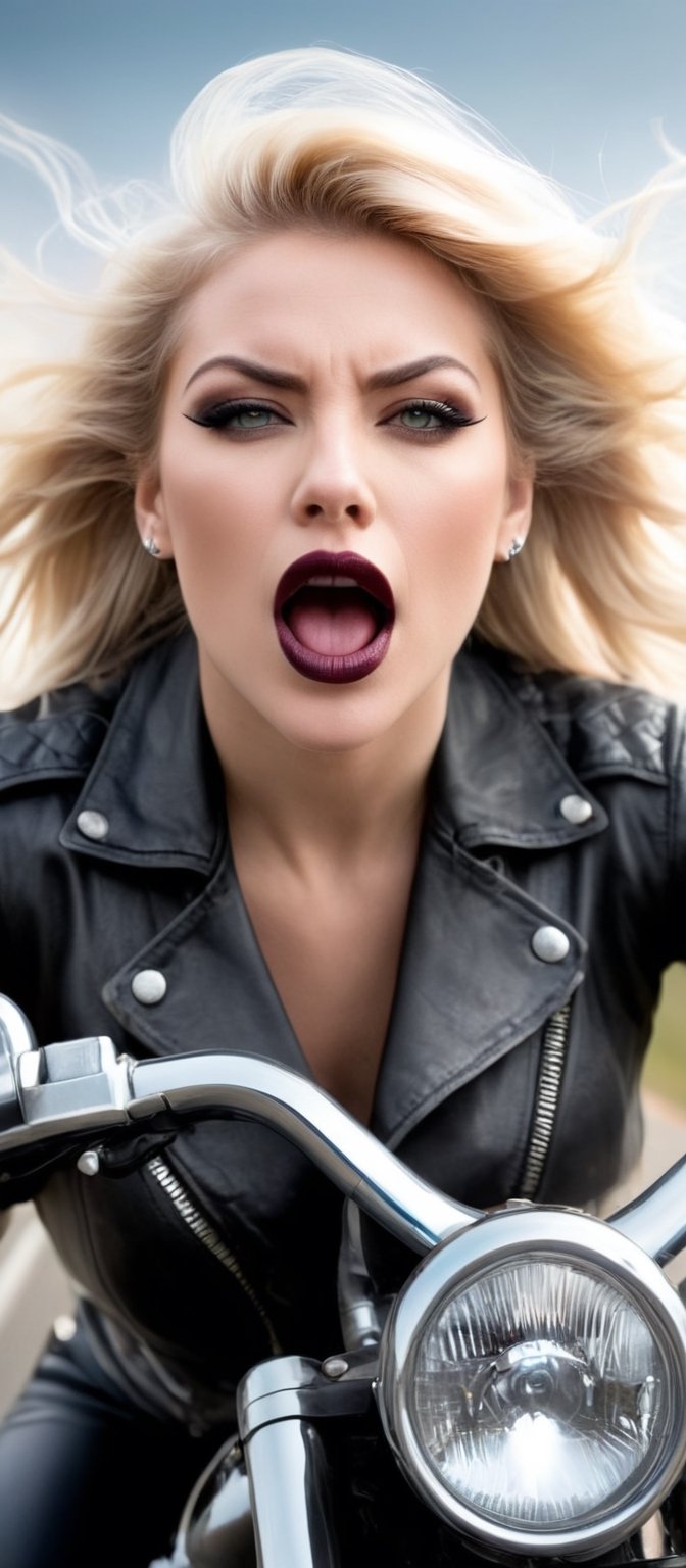 Generate hyper realistic image of a roaring motorcycle, a fierce woman with a facial tattoo exudes an aura of rebellion as she speeds down the open road. Her blonde hair flows freely behind her, contrasting with the dark lipstick that adorns her closed lips. With a confident grip on the handles, she glances over her shoulder, her piercing gaze meeting yours for a moment before she turns her attention back to the open highway.