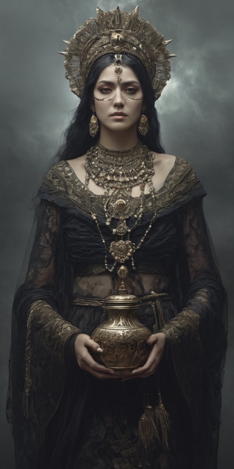 Generate hyper realistic image of a woman adorned with eerie accessories, carrying a vessel that captures the essence of souls, symbolizing her role as a collector of the departed in a grim and supernatural world.