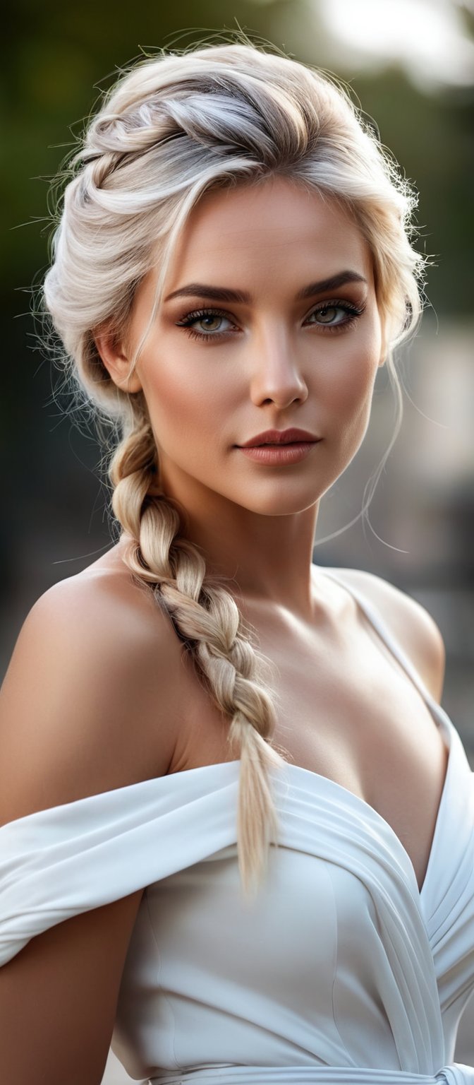 Generate hyper realistic image of a woman depicted in a sophisticated and elegant manner. She has long, silver-blonde hair styled in a loose braid that falls over her shoulder, with a few strands framing her face. Tan complexion with large, expressive grey eyes, a confident expression, and soft, natural makeup. She is wearing a form-fitting, off-the-shoulder white dress with three-quarter sleeves. The dress accentuates her figure, giving her a glamorous and refined look. 