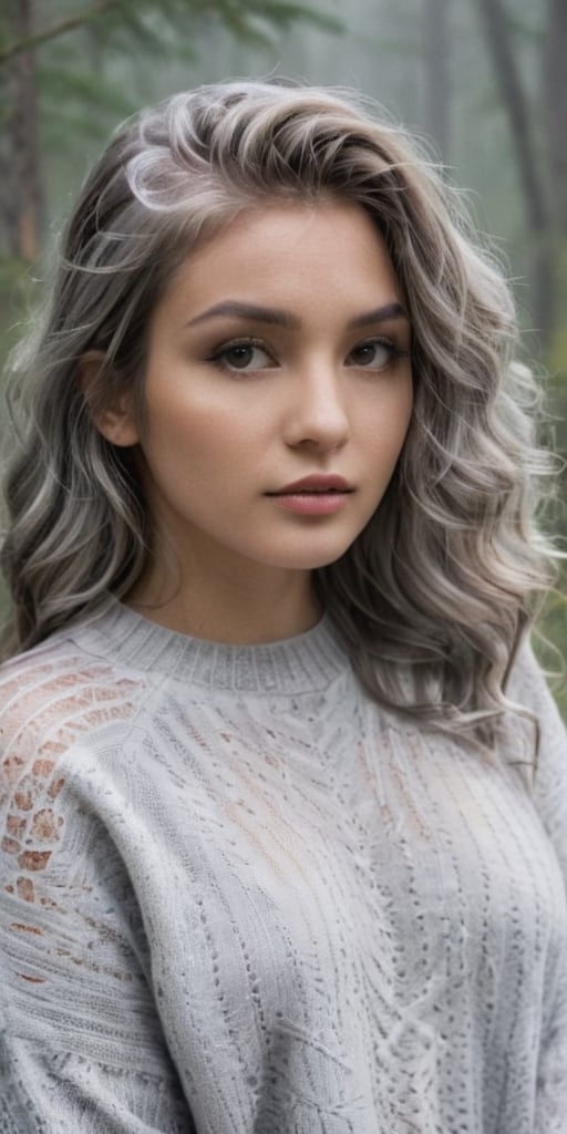 Generate hyper realistic image of a woman with silver-gray mermaid waves, donning a cozy oversized sweater, posing against a misty forest backdrop, creating an enchanting and ethereal scene in a portrait photography style.highly detailed, sharp focus.8k,photography style, ,more detail XL,Extremely Realistic,aesthetic portrait,Sexy