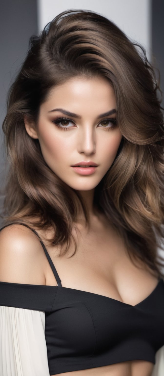 Generate hyper realistic image of a woman with a striking and provocative appearance. She has long, voluminous brown hair with loose waves. The hair is parted slightly off-center, framing her face and giving her a soft, natural look. She has a delicate and youthful face with subtle makeup. Her eyes are slightly downcast, giving her a serene expression. She is wearing a cropped white long-sleeve top with a unique design. The top has a cut-out detail in the middle, held together by thin, criss-crossing strings. he is wearing a high-waisted, pleated beige mini-skirt. The skirt is short. She has on a pair of strappy, nude-colored heels that wrap around her ankles. 