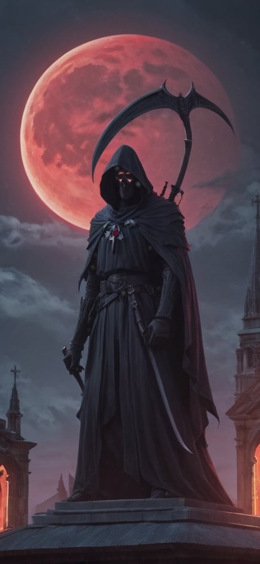  create a Grim reaper standing on top of church roof. he is facing the viewer. he is holding a  bloodyscythe,He is illuminated from back by red moonlight.Terrifying, death. sharp focus, high detailed, 8k, visavle face,,fantasy00d,night_view_background,horror,perfect light,schorror,monster,hallow33n