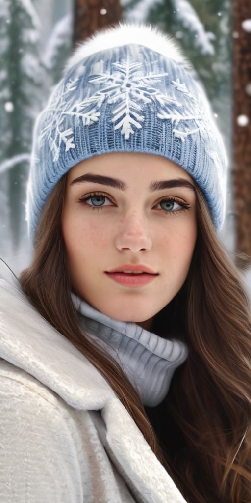 Generate hyper realistic image of an 18-year-old woman with a unique birthmark resembling a delicate snowflake on her forehead, elegantly dressed in winter attire, enjoying a day in a snow-covered forest with towering pine trees.Extremely Realistic, up close, 