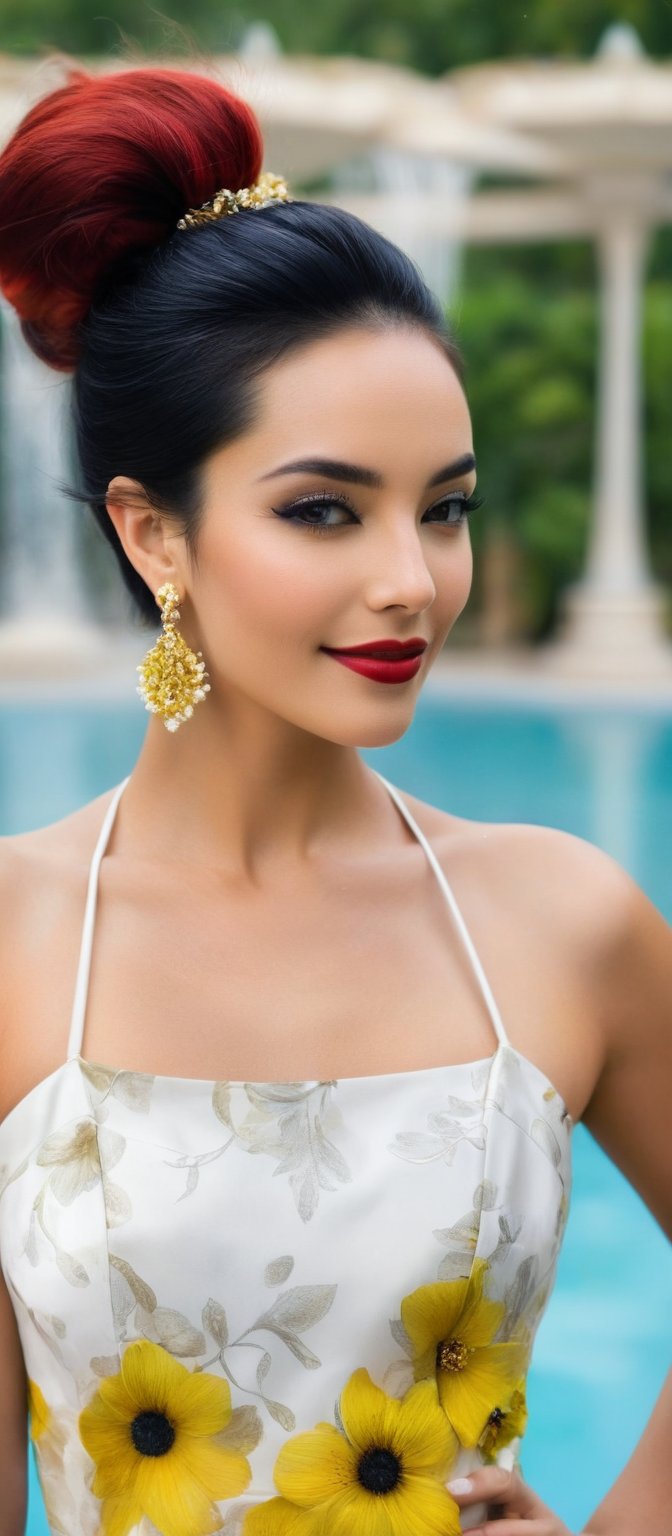 Generate hyper realistic image of a woman stands confidently in front of a large fountain. She is gazing at the viewer, smiling softly. Her outfit consists of a white sleeveless dress, patterned with black and yellow flowers. Her hair is styled into a sleek bob, and her lips are painted red, matching her deep red eyeshadow. She is standing in a seductive pose, her hair elegantly pulled back into a ponytail. She wears dangling earrings that add a touch of elegance. A few people are visible in the background.,hinaigirl