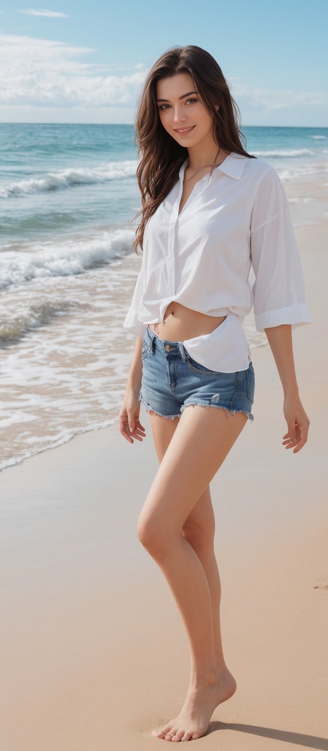 Generate hyper realistic image of a woman with long, flowing brown hair sits on the sandy beach, her blue eyes glistening as she looks directly at the viewer with a warm smile. Her slim waist and full body are accentuated by a white shirt and denim shorts, showcasing her long legs and bare feet. The ocean waves gently kiss the shore behind her, adding a serene backdrop to the picture-perfect moment.