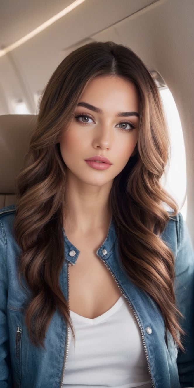  Create a realistic photo of beautiful woman siiting in private jet.enjoying the view through airplaine window.Long light brown hair, messy and stylish hair. brown eyes, long lashes , big puff lips, pink lips, dark make up, ralexed expression. wearing white  t-shir and blue denim jacket.up close.