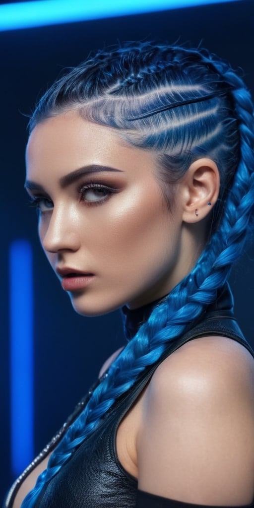 Generate hyper realistic image of a woman with electric blue braided hair, wearing a futuristic-inspired outfit, posing against a backdrop of neon lights and cyberpunk aesthetics. The bold and avant-garde setting is highlighted in a fashion editorial style..highly detailed, sharp focus.8k,photography style,Extremely Realistic