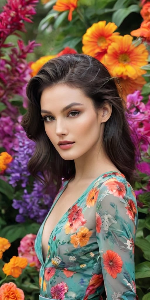 Generate hyper realistic image of a striking model with defined cheekbones and a confident expression, her waist-up positioned against a backdrop of a vibrant flower garden in full bloom, the colors complementing her natural radiance.