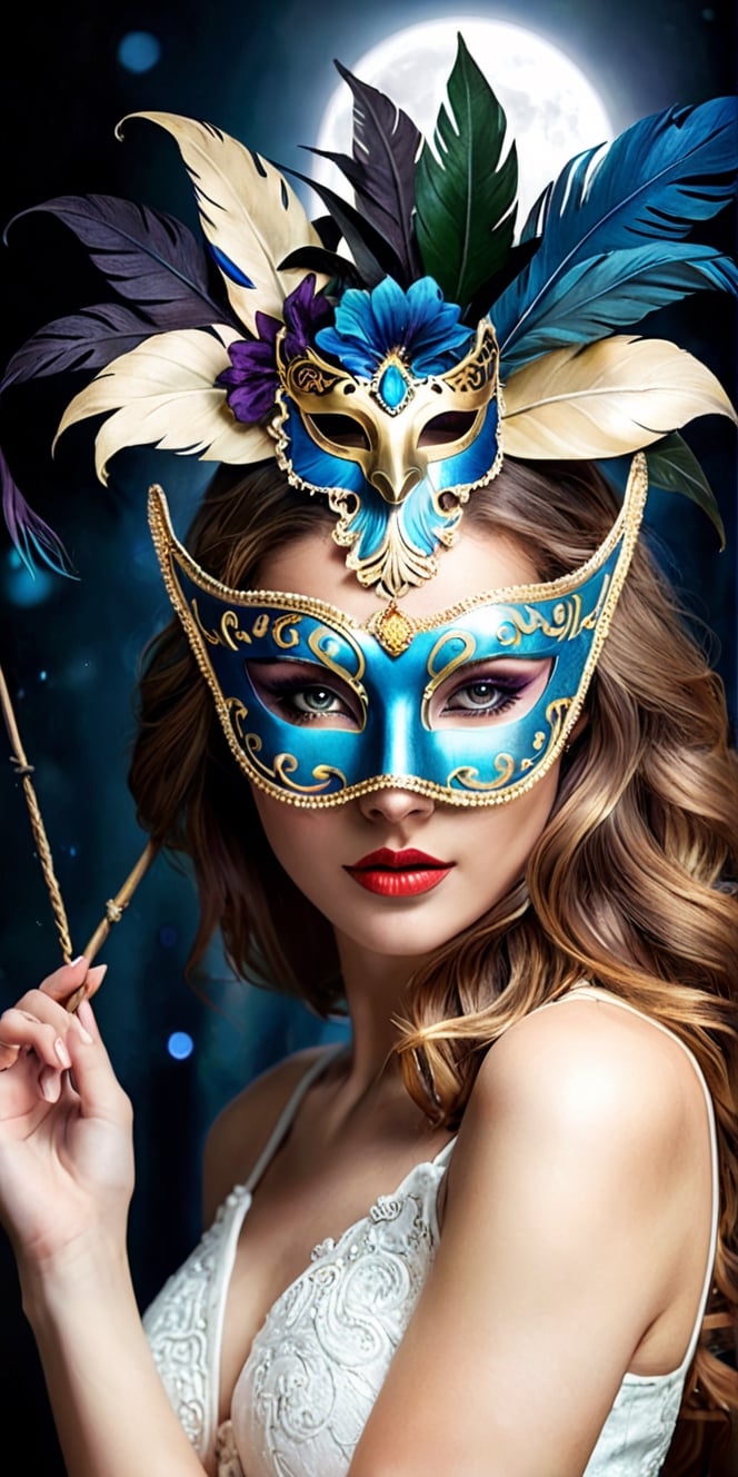 Generate hyper realistic image of a mysterious beauty portrait with the woman adorned in a moonlit masquerade mask. Experiment with shadows and moonlight to enhance the allure and mystique of the masquerade theme.