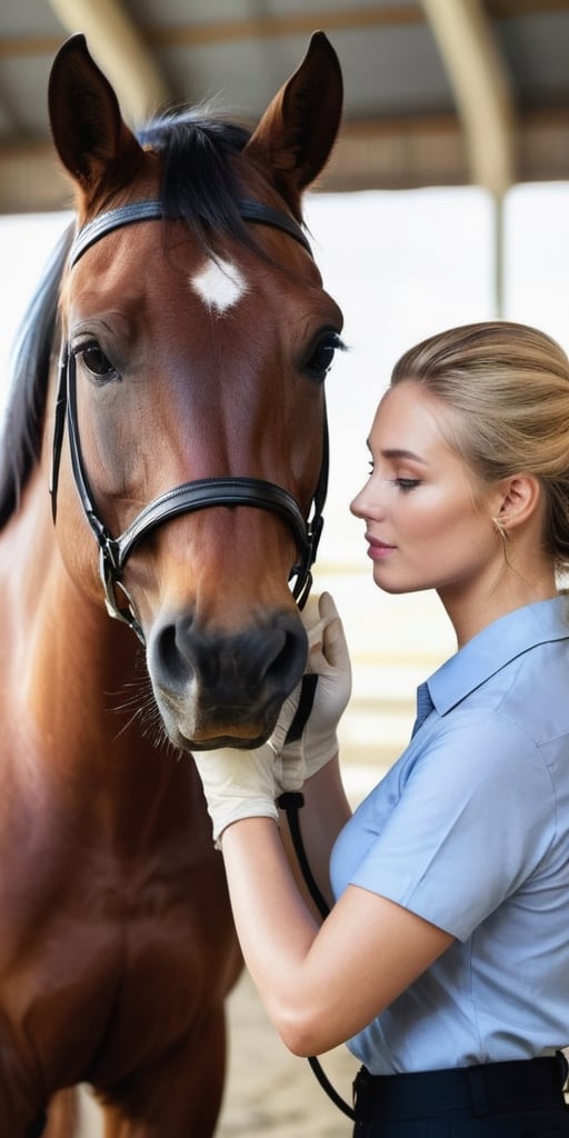 Generate hyper realistic image of an equestrian center horse grooming session. Dress the lady in equestrian attire and capture the bond between her and the majestic horse.up close,Extremely Realistic,masterpiece