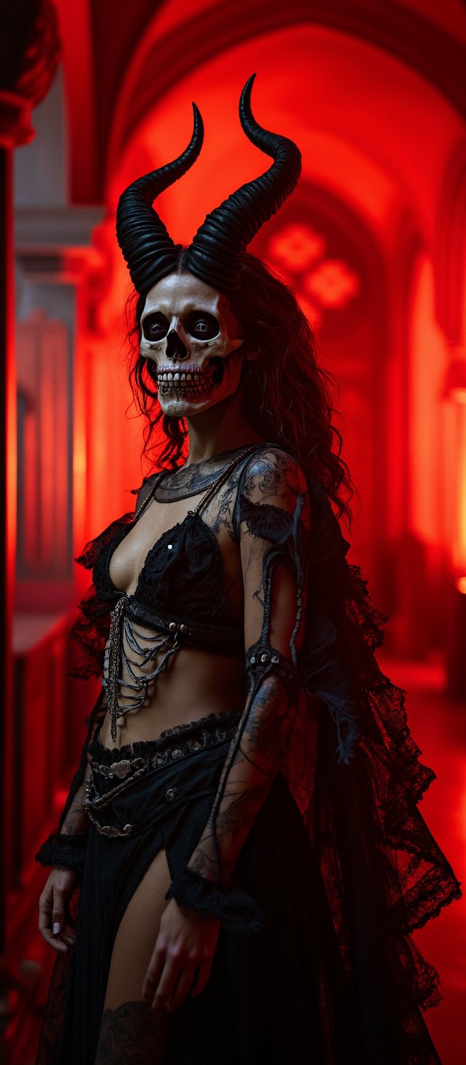 Generate hyper realistic image of a female with dark, curvy and sinister figure, blending elements of horror and gothic fantasy. The woman's head is largely skeletal, with a detailed and prominent skull serving as a mask. On top of the skull, there are massive, twisted horns. These horns are black and jagged, curving upward. The woman's body is partly exposed, but draped in intricate black lace and armor-like adornments. Bone-like details are incorporated into the armor around the chest, further emphasizing death and decay. The image is bathed in dark red light, giving it a hellish atmosphere. The red glow emanates from behind and around the character, creating dramatic shadows and highlighting the figure’s skeletal features. The background is dimly lit and blurred  a gothic temple.