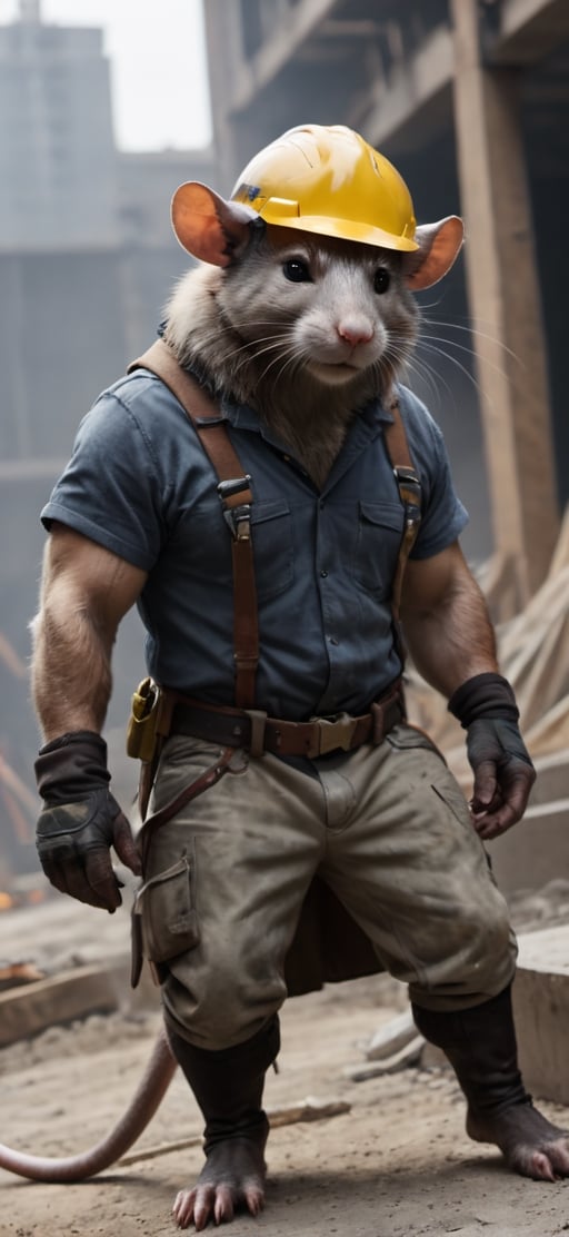  create a Bunch of rat man working in construction site, visible tails, wearing work safety outfit and helmet, , sharp focus, . ,Movie Still,more detail XL