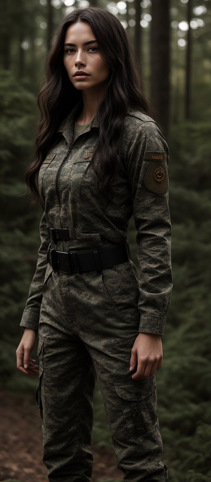 Generate hyper realistic image of a woman with long, straight, dark brown hair that flows freely down her back. She is wearing a full military uniform in camouflage pattern, which includes a long-sleeved shirt and matching pants. The uniform fits snugly, emphasizing her athletic and curvaceous figure. The outfit is complete with a belt and insignia on her sleeve. The setting is in forest.