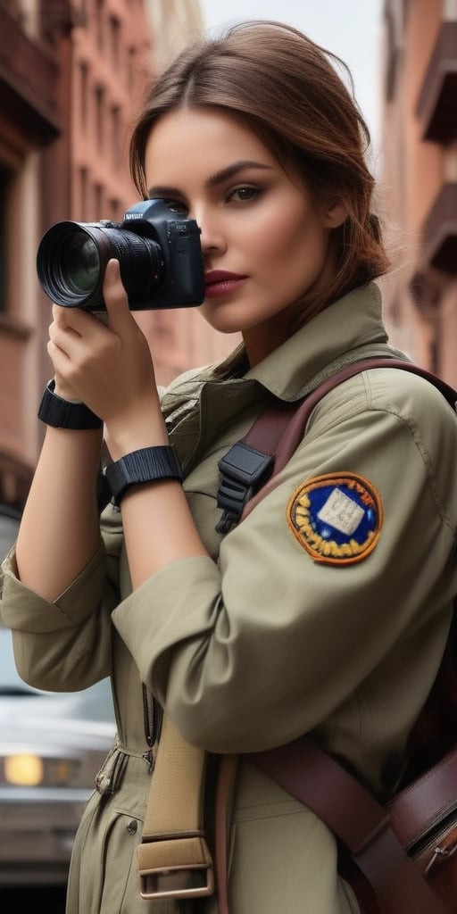 Generate hyper realistic image of a woman in urban photography expedition attire—utilitarian yet chic outfit, camera in hand—as she captures the intricate details of city architecture in an exploration of visual storytelling.((upper body))