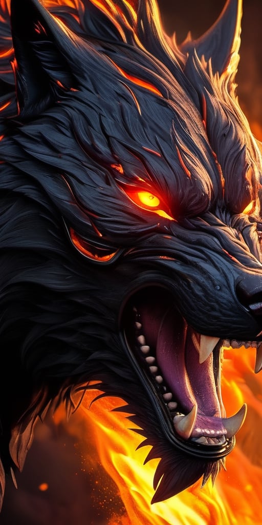 Create a lava wolf growling, from its mouth dripping lava , fire from eyes, enemy of humanity, screeching, up close, dark night, sharp focus, highly detailed,