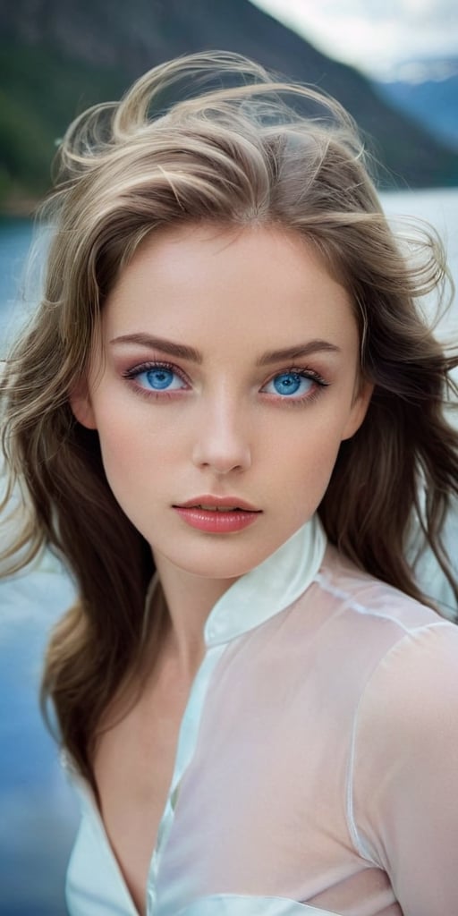 Generate hyper realistic image of a captivating model with a unique face shape and captivating blue eyes, her waist-up framed against a backdrop of a serene lakeside, the tranquil water reflecting the serenity and depth within her.