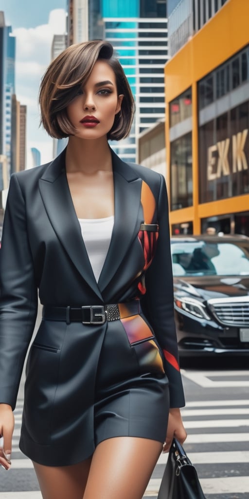 Generate hyper realistic image of a fashionable woman with a chic bob haircut, wearing modern urban attire, walking through a bustling cityscape with skyscrapers and vibrant street art, exuding confidence and contemporary style.photography style,Extremely Realistic,