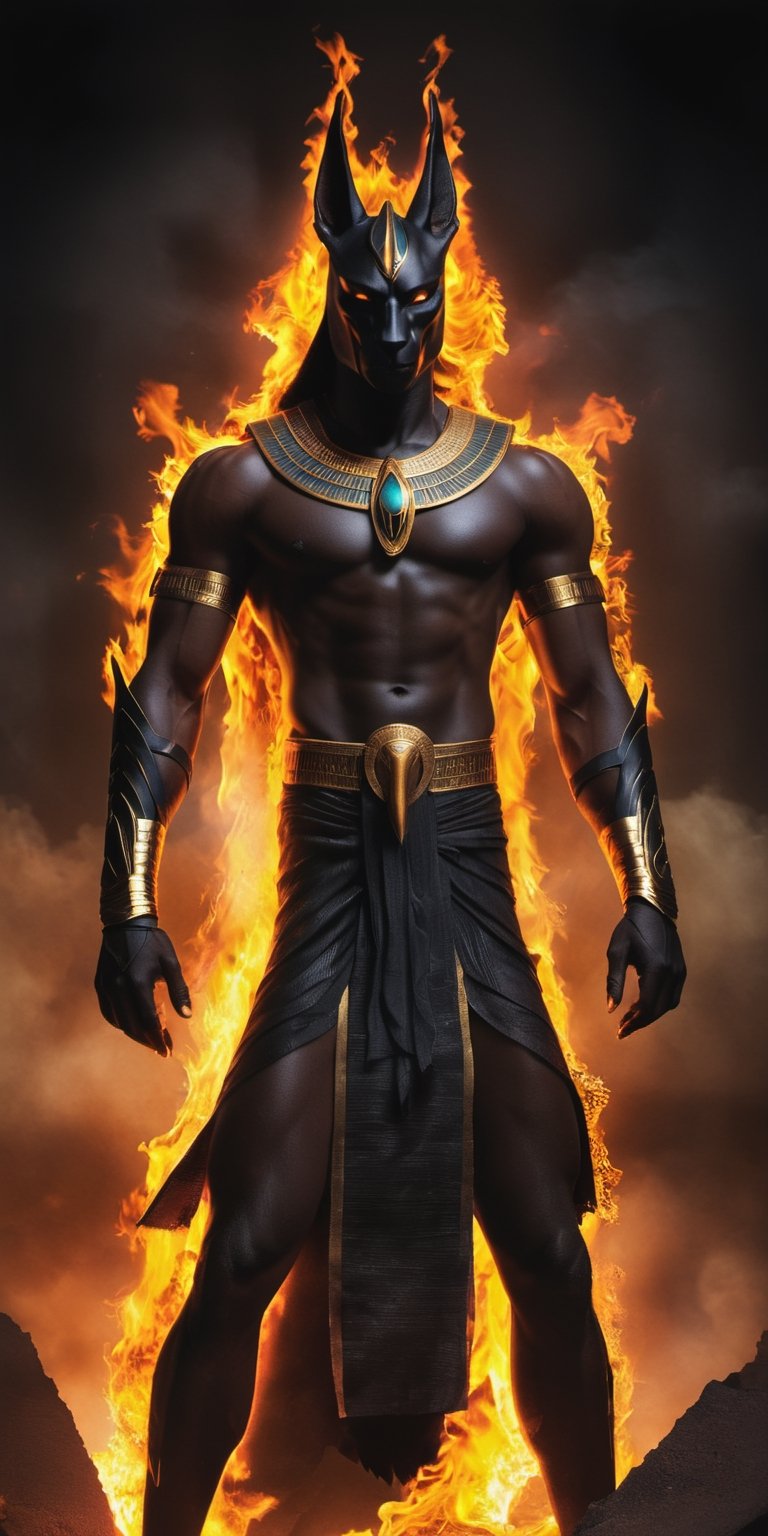  create a Anubis god of egypt looking down on the viewer.godly dark aura surrounds him, sharp eyes, perfect body, dark skin , glowing eyes, high detailed , sharp focus, scary looking, fierce,fire element,more detail XL,fire that looks like...