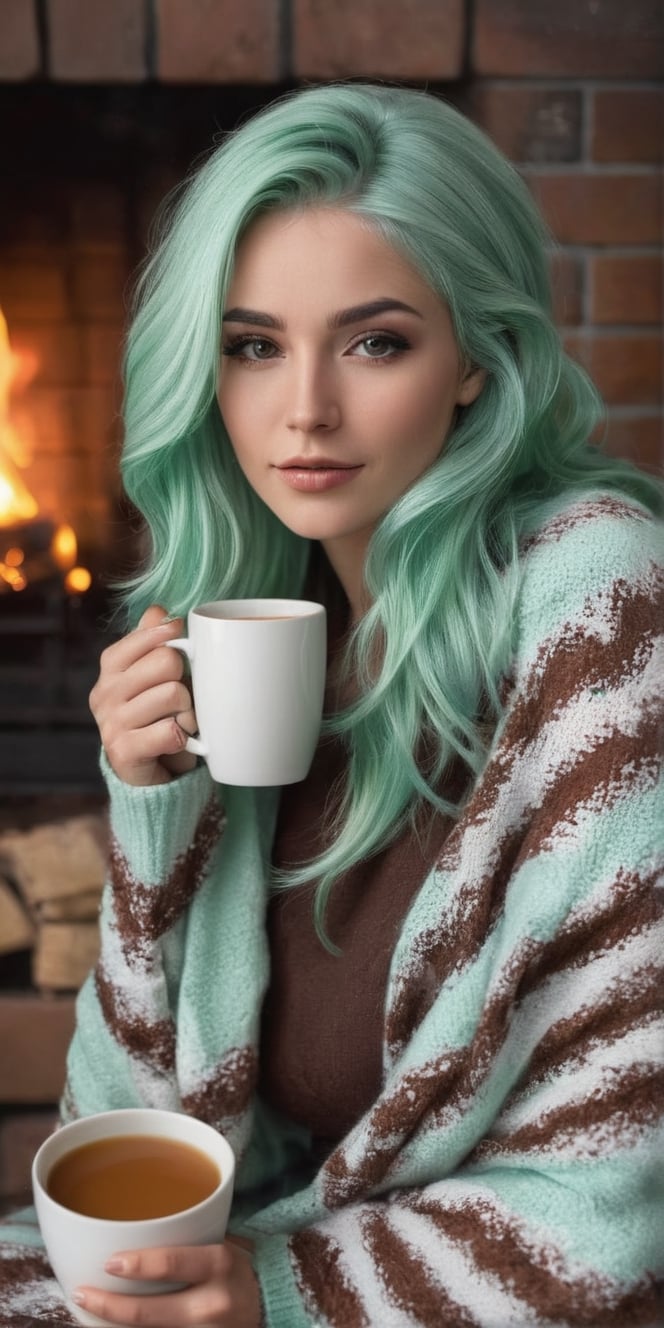 Generate hyper realistic image of a woman with mint-chocolate-colored hair, chilling by a fireplace with a cozy blanket. Capture the serene ambiance as she enjoys a warm drink and the crackling sounds of the fire.