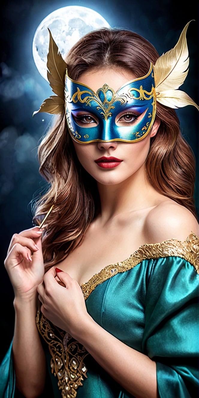 Generate hyper realistic image of a mysterious beauty portrait with the woman adorned in a moonlit masquerade mask. Experiment with shadows and moonlight to enhance the allure and mystique of the masquerade theme.