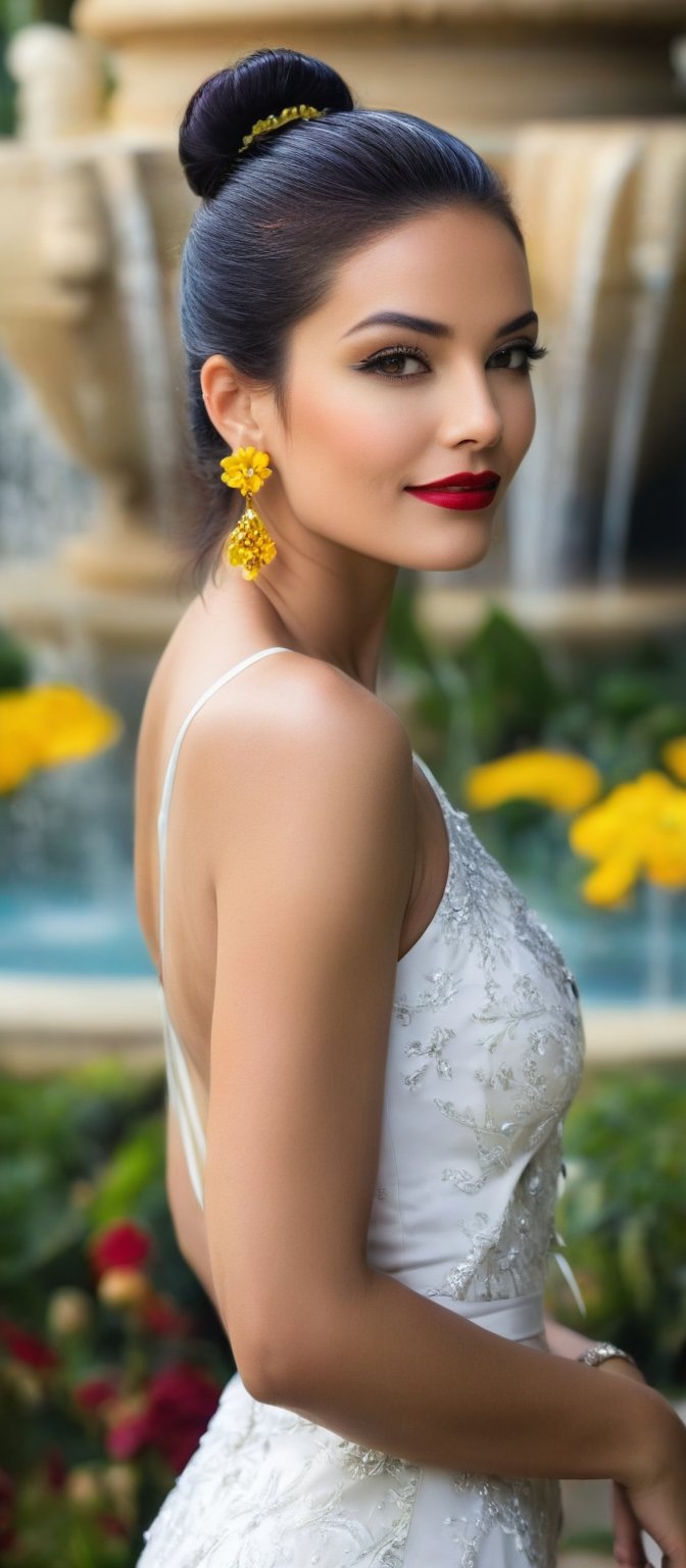 Generate hyper realistic image of a woman stands confidently in front of a large fountain. She is gazing at the viewer, smiling softly. Her outfit consists of a white sleeveless dress, patterned with black and yellow flowers. Her hair is styled into a sleek bob, and her lips are painted red, matching her deep red eyeshadow. She is standing in a seductive pose, her hair elegantly pulled back into a ponytail. She wears dangling earrings that add a touch of elegance. A few people are visible in the background.,hinaigirl