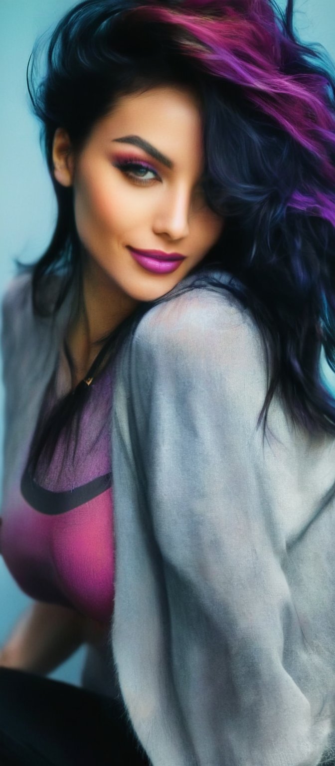 Generate hyper realistic image of a woman with long, wavy black hair streaked with vibrant purple hues, looking directly at the viewer with a smile. She has large breasts and in seductive pose. She wears a tight black t-shirt and a black choker necklace, which features a small black cross. Her eyes are a piercing blue, and her lips are painted a deep purple. Her hair cascades over her shoulders, framing her face. She is seated with her left arm resting on her hip and her right arm on the ground. The background is a light blue color with a rough texture,hinaigirl