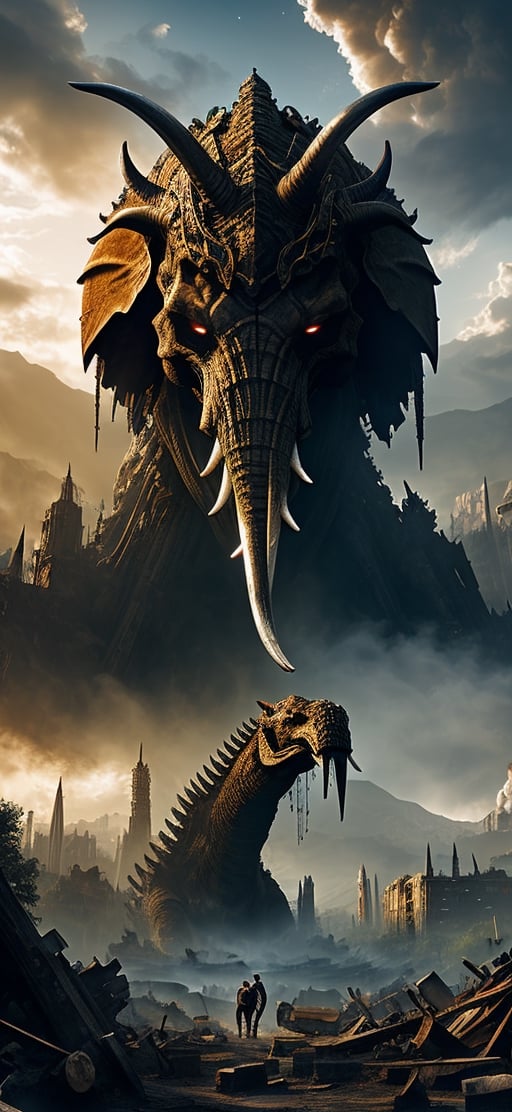  create a giant behemoth destroying old city, middle age times, elephant head, humanoid body,powerful humans-eating, river-dwelling beast with bones likened to bronze pipes and limbs likened to iron bars, photo takem from human perspective. background of destroyed city, dramatic lighting, sharp focusxyzabcplanets,Nature,FFIXBG