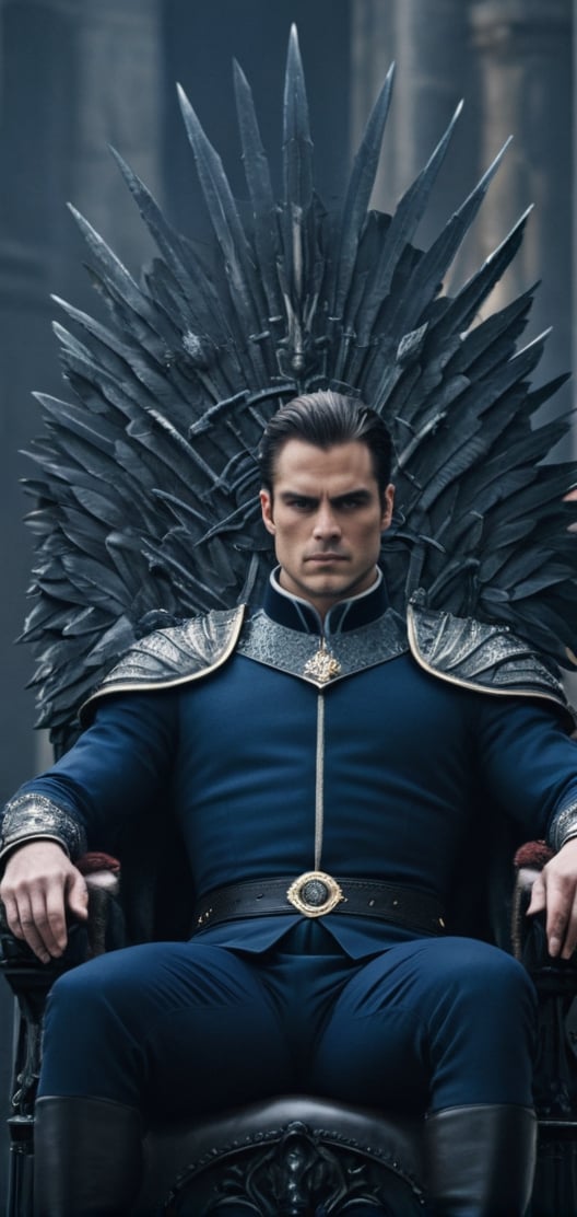 create a beautiful dark age king, fierce, dominating,elegant, intelegent, short hair, athletic, dark hair, royal outfit, blue eys, tall, sitting in his throne, looking down on the viewer.,detailmaster2,male,Movie Still,more detail XL