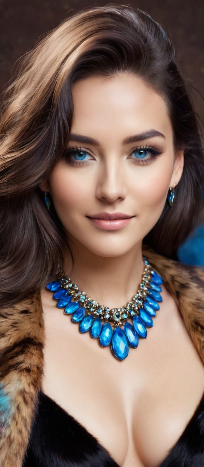 Generate hyper realistic image of a beautiful native woman with dark brown hair cascading down her back, looking directly at the viewer with a gentle smile. She has striking blue eyes and is wearing a black strapless dress paired with a brown fur coat draped over her shoulders. Her neck is adorned with a multi-colored necklace, composed of blue stones arranged in a circular pattern. The setting is a dark room that highlights the elegance of her attire and the vividness of the necklace.