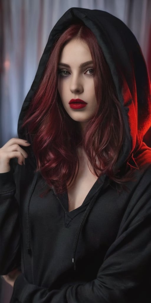 Generate hyper realistic image of a beautiful woman with dark red, lustrous hair cascading down, wearing a black oversized hoodie. Her long hair partially covers her face as she looks shyly at the viewer. Adorned in gothic makeup with big red lips and a pale complexion, she exudes a teasing smile inside a dimly lit bedroom. The contrast between the cozy oversized hoodie and the gothic allure adds a unique charm to the scene.