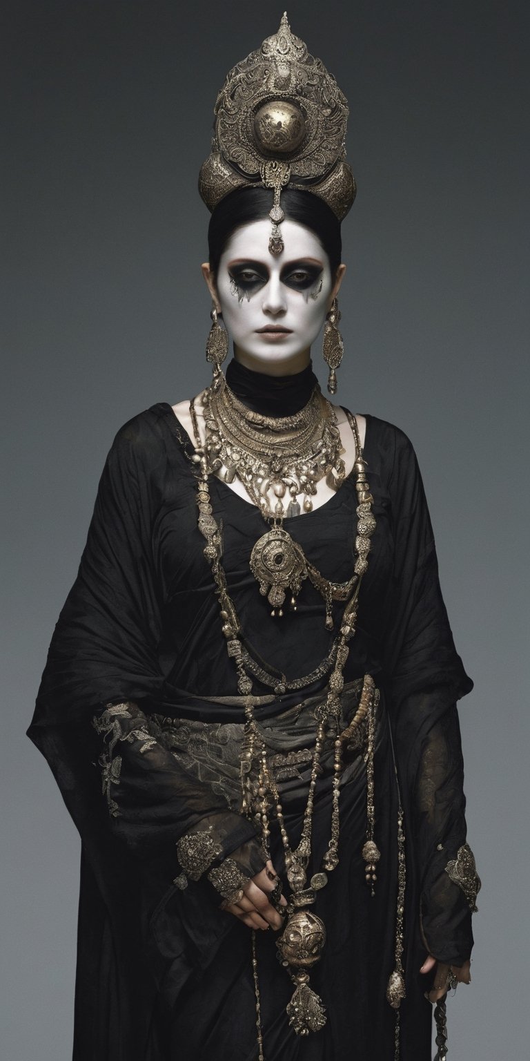 Generate hyper realistic image of a woman adorned with eerie accessories, carrying a vessel that captures the essence of souls, symbolizing her role as a collector of the departed in a grim and supernatural world.