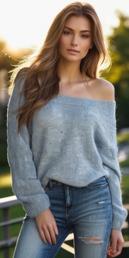 Generate hyper realistic image of a stunning supermodel with long, flowing hair, wearing a relaxed yet chic off-the-shoulder sweater and distressed jeans, posing effortlessly in a sunlit urban park.Extremely Realistic, up close, 