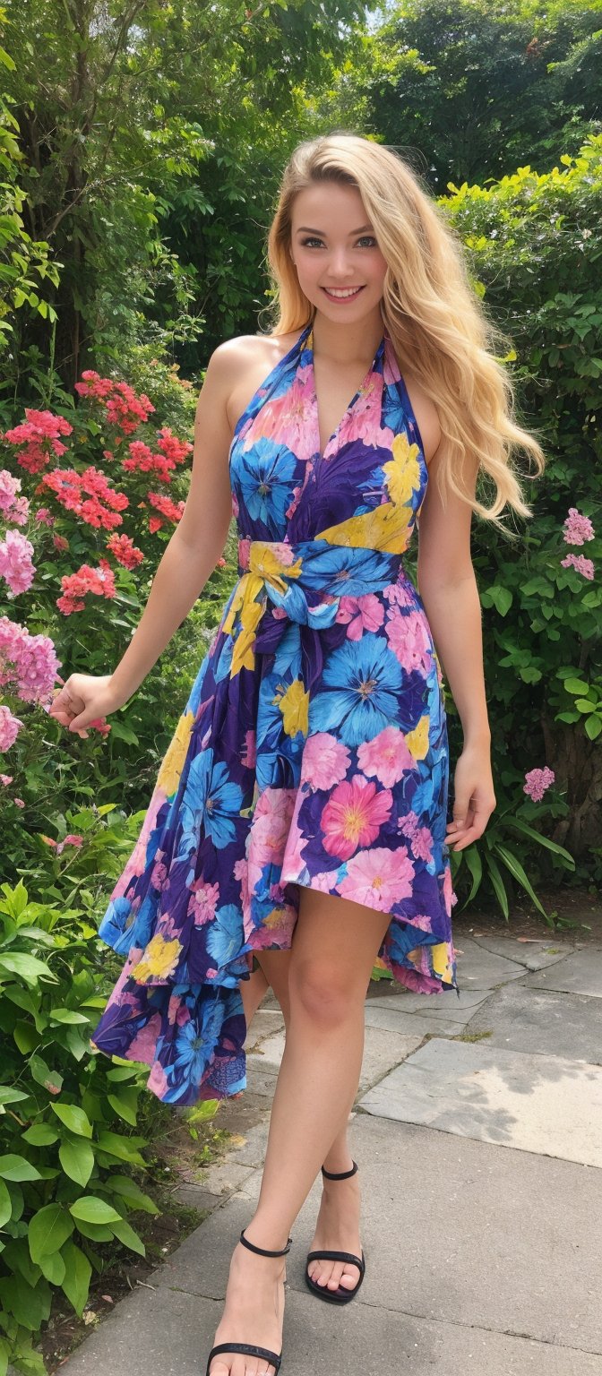 Generate hyper realistic image of a young woman standing  with bright smile. She is wearing a vibrant, colorful sundress that has a summery vibe. The dress is halter-neck style, with thin straps that tie behind her neck. The bodice is fitted and features a multicolored floral and geometric pattern. Her hair is long, golden blonde, and styled in loose, voluminous waves that cascade over her shoulders. The background is an outdoor setting with lush greenery and blooming flowers.