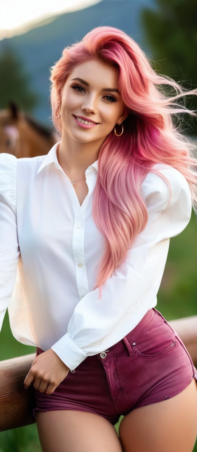 Generate hyper realistic image of a woman with long pink hair styled in a braid, with bangs gently resting on her forehead. She stands outside, smiling at the viewer while wearing a white shirt with puffy sleeves and high-waist shorts. The shirt has long sleeves that puff out, creating a stylish appearance. A ring adorns her finger, and she has earrings that catch the light. Her hair cascades over one shoulder, and the background is blurry, making her the focal point of the cowboy shot.