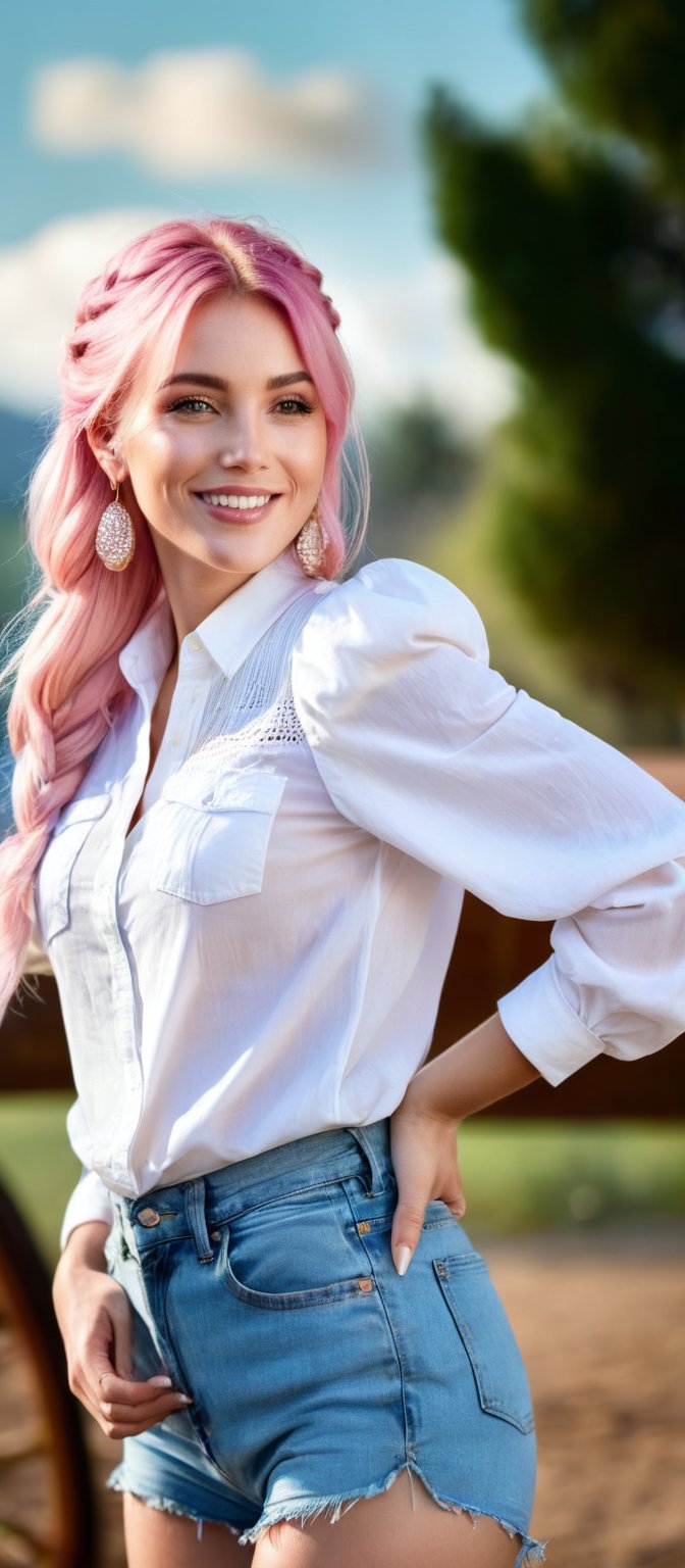 Generate hyper realistic image of a woman with long pink hair styled in a braid, with bangs gently resting on her forehead. She stands outside, smiling at the viewer while wearing a white shirt with puffy sleeves and high-waist shorts. The shirt has long sleeves that puff out, creating a stylish appearance. A ring adorns her finger, and she has earrings that catch the light. Her hair cascades over one shoulder, and the background is blurry, making her the focal point of the cowboy shot.