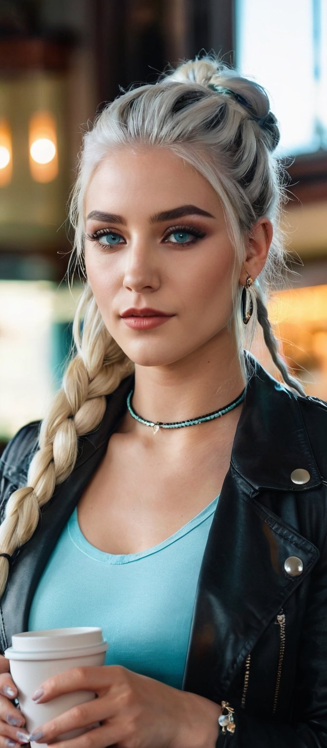 Generate hyper realistic image of a woman with long white hair, twin braids cascading down her shoulders. She gazes at the viewer with aqua eyes, a gentle smile gracing her lips. She wears a jacket and belt, her upper body slightly blurry against the indoor background. Adorned with earrings and a choker, she holds a cup, her head tilted inquisitively. Subtle black makeup and an ear piercing add to her unique charm.