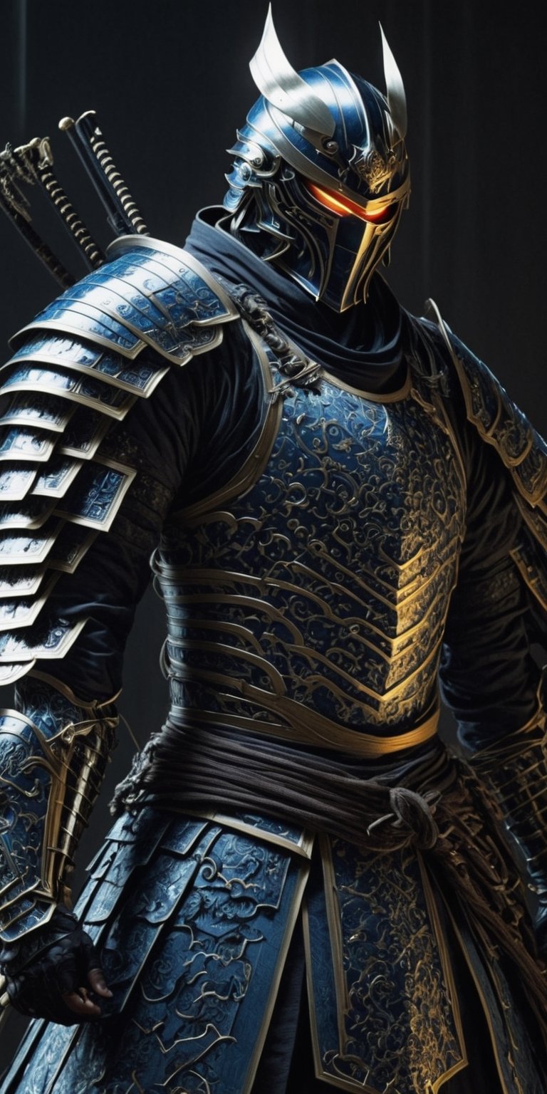 Generate an intricately detailed and visually compelling image of a formidable man adorned in futuristic samurai armor. Design a character whose armor seamlessly blends traditional samurai aesthetics with cutting-edge technology, featuring sleek lines, glowing accents, and advanced materials. Pay meticulous attention to the details of the armor, incorporating intricate patterns, symbols, and a harmonious color scheme. Place the man in a futuristic environment that complements the high-tech samurai theme, with dynamic lighting to showcase the reflective surfaces of the armor. Capture a sense of strength, honor, and readiness for battle, evoking the fusion of ancient warrior traditions with the advancements of a futuristic world. The goal is to create a visually stunning representation of a modern-day samurai in a technologically advanced era. .highly detailed . high_resolution, highly detailed, sharp focus.8k,NightmareFlame,rmspdvrs