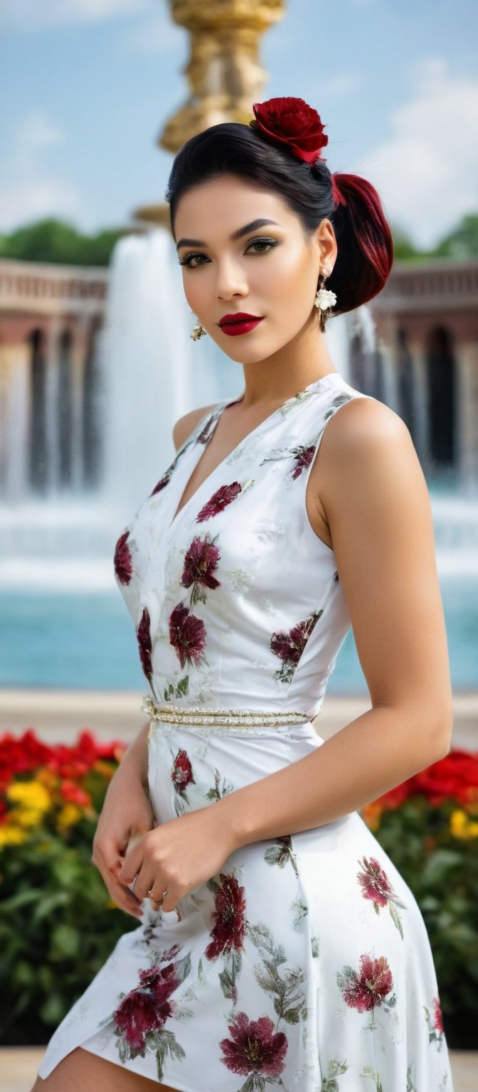 Generate hyper realistic image of a woman stands confidently in front of a large fountain. She is gazing at the viewer, smiling softly. Her outfit consists of a white sleeveless dress, patterned with black and yellow flowers. Her hair is styled into a sleek bob, and her lips are painted red, matching her deep red eyeshadow. She is standing in a seductive pose, her hair elegantly pulled back into a ponytail. She wears dangling earrings that add a touch of elegance. A few people are visible in the background.,hinaigirl