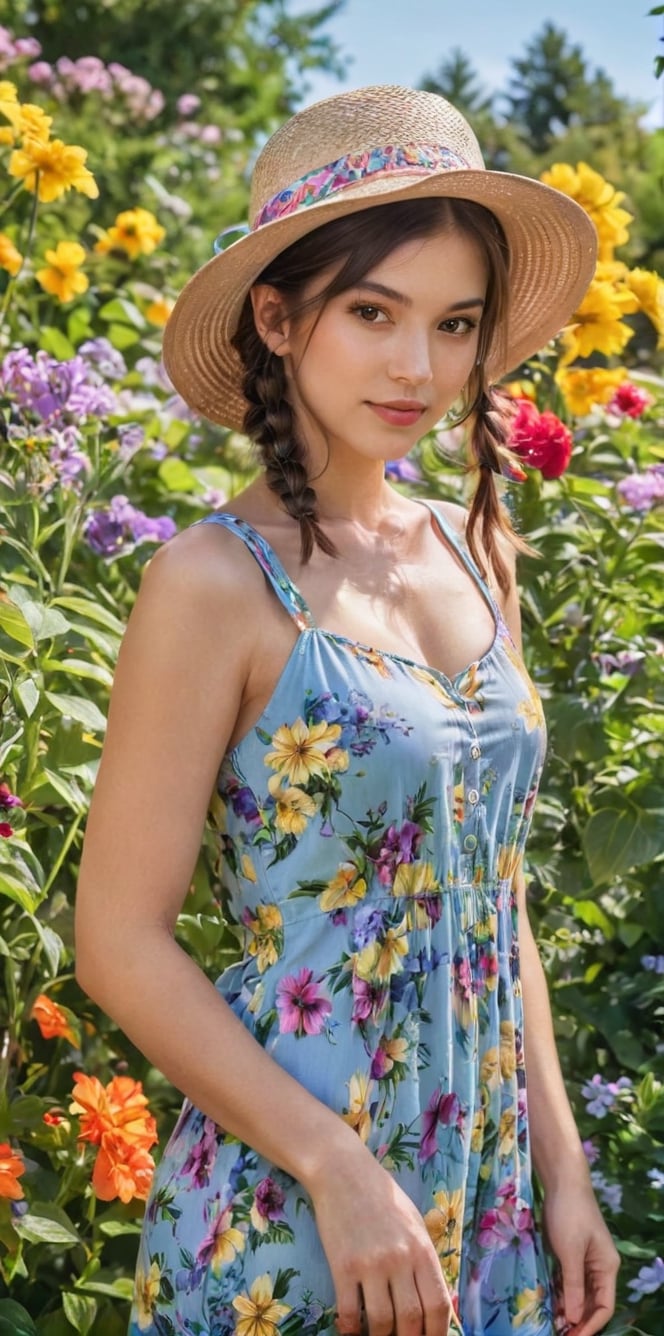 Generate hyper realistic image of a playful brunette with charming braided pigtails, a floral summer dress, and a sun hat, teasingly posing amidst vibrant flowers in a sunlit and colorful garden.up close