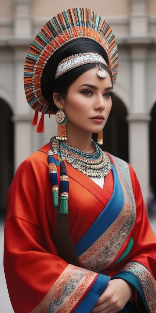 Generate hyper realistic image of a woman in cultural district immersion attire—stylish ensemble inspired by local culture and traditions, her eyes alive with curiosity as she explores museums, galleries, and historic landmarks.((upper body))