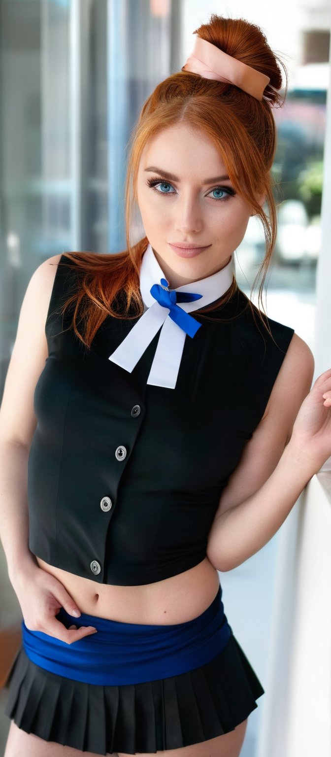 Generate hyper realistic image of a woman with long, flowing orange hair tied up in a high ponytail with a black ribbon. She has a youthful face with 
expressive blue eyes and a confident smile. Her makeup is subtle, highlighting her natural features. She is wearing a form-fitting black sleeveless top with a high collar and a white detail at the chest, resembling a tuxedo front. The top has a buttoned design that accentuates her figure and a short, pink pleated skirt that contrasts with her black top. She is wearing black stockings that emphasize her long legs and black high-heeled shoes. 