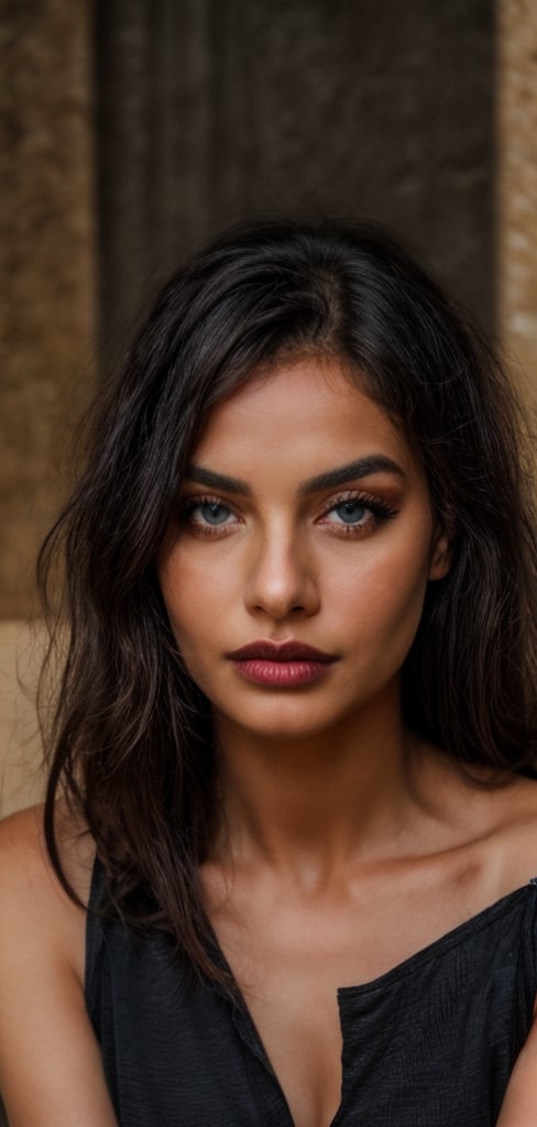 beautiful egyptian women drinking water in oasis, tanned skin, long black curly hair, dark make up, egyptian nomad dress, bare foor, hair cover, blue eyes, attractive,    ,.,perfecteyes,AdaWongRE