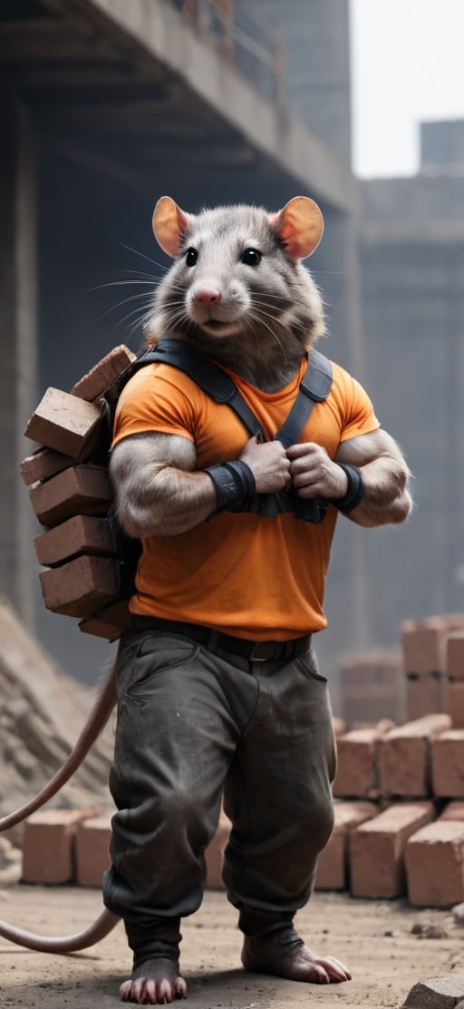  create a Bunch of rat with mens body.carrying bricks in construction site,athletic human body,  visible tails, wearing work safety outfit and helmet, , sharp focus,symetrical size . ,Movie Still,more detail XL