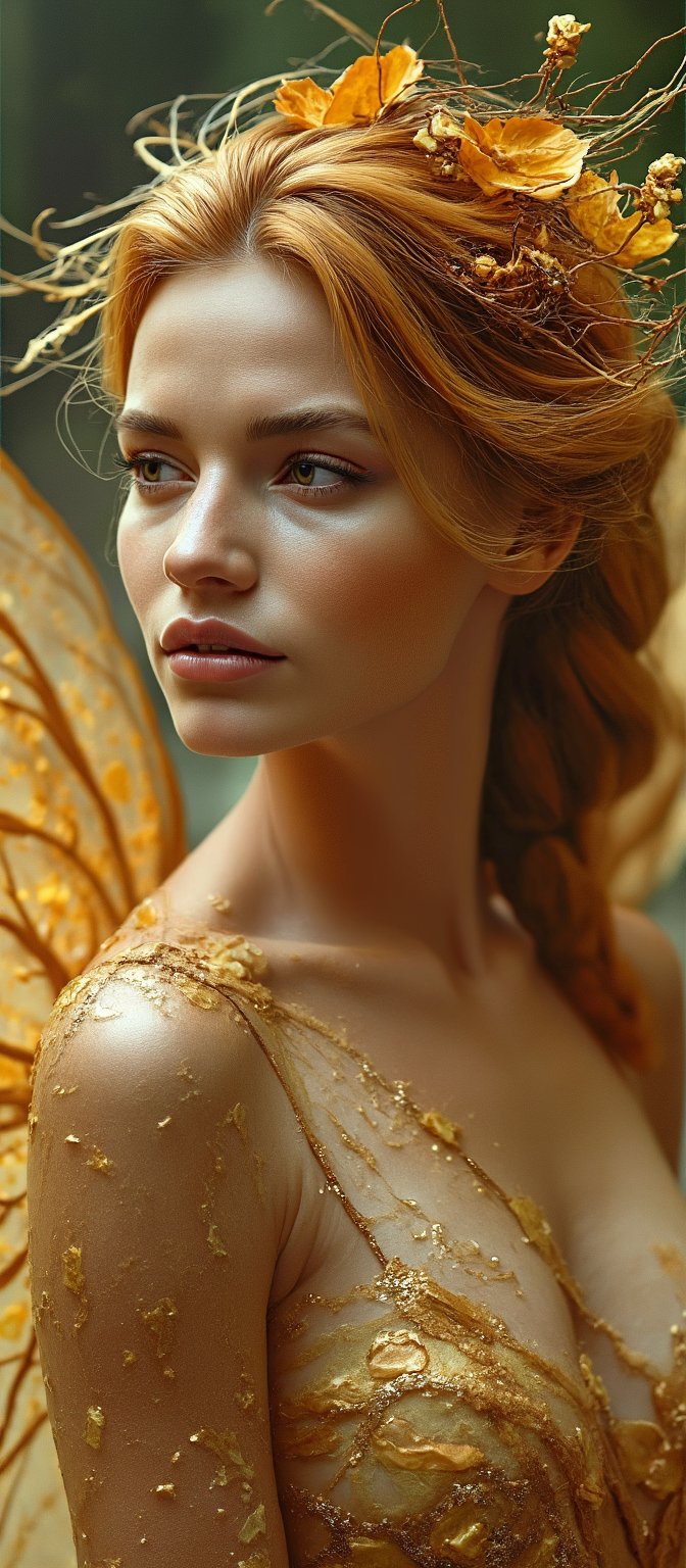 Generate hyper realistic image of a ethereal female fairy from a magical realm. The fairy has a petite, slender, and graceful body with smooth, glowing skin that appears to shimmer with golden glitter. The facial features are soft and innocent, with wide, expressive eyes that shimmer with curiosity and gentleness. Her face is adorned with golden glitter and delicate markings that highlight her cheeks. The most striking part of the fairy's appearance is her large, gossamer wings. These wings are transparent but adorned with gold and bronze tones, with intricate veins and delicate patterns. The fairy’s hair is a wild and wispy mix of gold and bronze, mimicking autumn leaves. Her hair is adorned with fine, leaf-like embellishments. She wears an elaborate crown made of delicate branches and roots, with small, glowing orbs woven into the design. She doesn’t wear conventional clothing; instead, her body is decorated with gold-like threads and shimmering dust that covers her skin in strategic places.