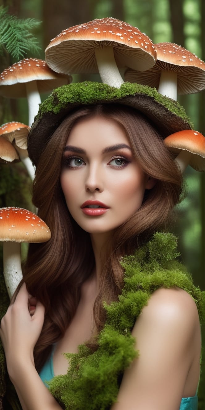 Generate hyper realistic image of a whimsical portrait of a model woman in a forest filled with oversized mushrooms. Showcase her playful expressions, captivating eyes, and makeup that adds to the fairy-tale charm, with a hairstyle adorned with forest-inspired elements.