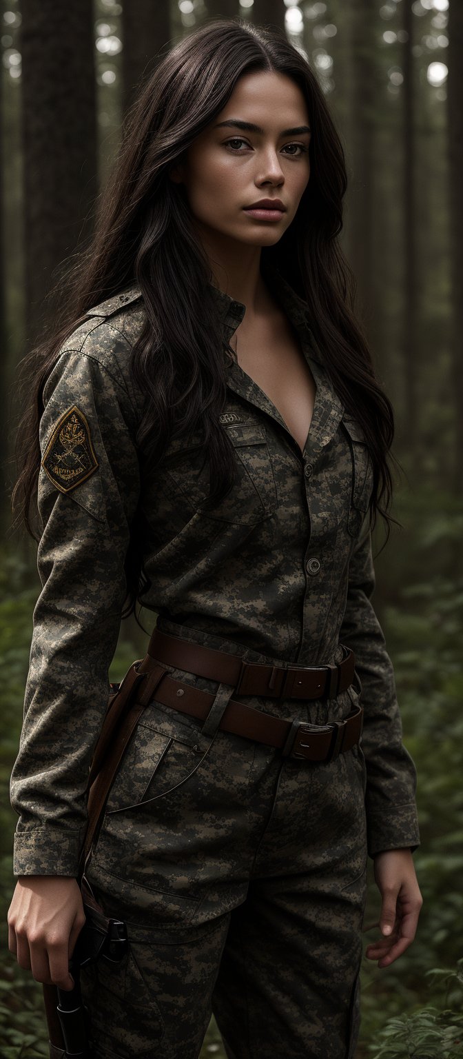 Generate hyper realistic image of a woman with long, straight, dark brown hair that flows freely down her back. She is wearing a full military uniform in camouflage pattern, which includes a long-sleeved shirt and matching pants. The uniform fits snugly, emphasizing her athletic and curvaceous figure. The outfit is complete with a belt and insignia on her sleeve. The setting is in forest.