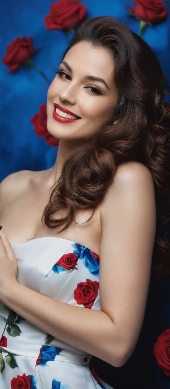 Generate hyper realistic image of a woman gazing at the viewer with a gentle, inviting smile. She is posed seductively in a white strapless dress that features a floral print of red roses. Her long, wavy brown hair flows over her shoulders, and her white nail polish adds a touch of refinement. The background is a vibrant blue, which creates a stunning contrast with her dress. The medium-angle shot emphasizes her natural grace and the delicate beauty of her outfit.