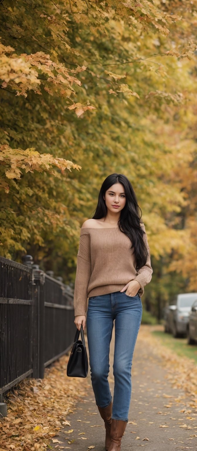 Generate hyper realistic image of a woman standing outdoors, her long black hair cascading over her shoulders. She wears a sweater, long sleeves covering her arms, paired with denim pants and brown boots. Her handbag hangs casually from her shoulder as she walks among autumn leaves, the trees adorned with colorful foliage. With crossed legs and a relaxed stance, she exudes a natural grace and elegance in this picturesque autumn setting.