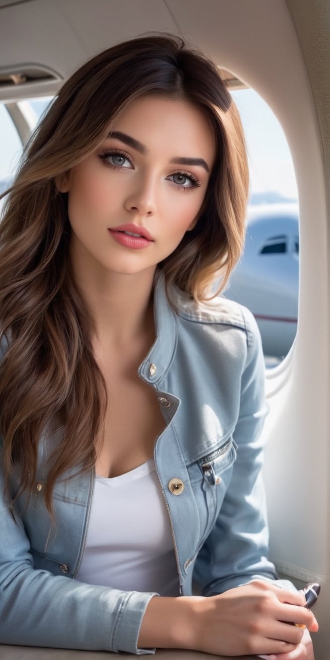  Create a realistic photo of beautiful woman siiting in private jet.enjoying the view through airplaine window.Long light brown hair, messy and stylish hair. brown eyes, long lashes , big puff lips, pink lips, dark make up, ralexed expression. wearing white  t-shir and blue denim jacket.up close.